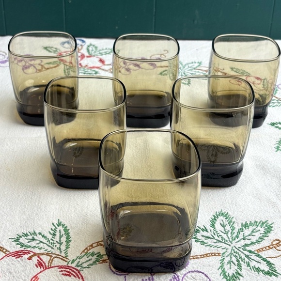 Set of 6 Libbey Carrington smoky brown whiskey square rocks glass / tumblers - Picture 1 of 8